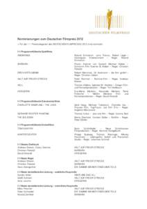 Nominierungen zum Deutschen Filmpreis 2012 > Für die I I I Preiskategorien des DEUTSCHEN FILMPREISES 2012 sind nominiert: I I I Programmfüllende Spielfilme ANONYMUS  Roland Emmerich, Larry Franco, Robert Léger –