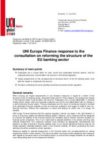 UNI Europa Finance response to consultation on reforming the structure of the EU banking sector, draft