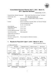 Consolidated Business Results (April 1, 2010 – March 31, 2011: Japanese Standard) Published May 12, 2011