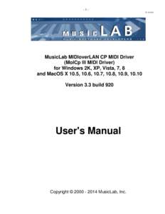 -[removed]MusicLab MIDIoverLAN CP MIDI Driver (MolCp III MIDI Driver) for Windows 2K, XP, Vista, 7, 8 and MacOS X 10.5, 10.6, 10.7, 10.8, 10.9, 10.10
