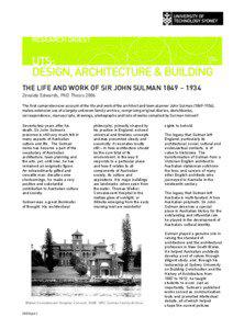 THE LIFE AND WORK OF SIR JOHN SULMAN 1849 – 1934 Zenaida Edwards, PhD Thesis 2006 The first comprehensive account of the life and work of the architect and town planner John Sulman[removed]),