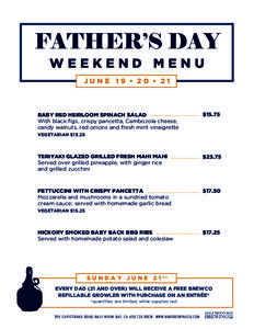 FATHER’S DAY WEEKEND MENU JUNE 19 • 20 • 21 BABY RED HEIRLOOM SPINACH SALAD With black ﬁgs, crispy pancetta, Cambozola cheese,