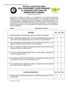 [removed]SerVermont AmeriCorps Risk Assessment  Vermont AmeriCorps State RISK ASSESSMENT QUESTIONNAIRE for AGENCIES APPLYING FOR AMERICORPS FUNDING