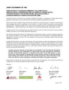 JOINT STATEMENT OF THE ASSOCIATION OF CANADIAN COMMUNITY COLLEGES (ACCC), ASSOCIATION OF UNIVERSITIES AND COLLEGES OF CANADA (AUCC), CANADIAN BUREAU FOR INTERNATIONAL EDUCATION (CBIE) & CANADIAN MANUFACTURERS & EXPORTERS