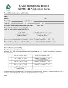 SARI Therapeutic Riding SUMMER Application Form Personal Information (please print clearly) Name: Address: