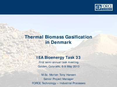 Thermal Biomass Gasification in Denmark IEA Bioenergy Task 33 First semi-annual task meeting Golden, Colorado, 6-9 May 2013 M.Sc. Morten Tony Hansen