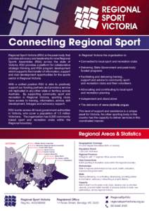 Connecting Regional Sport Regional Sport Victoria (RSV) is the peak body that provides advocacy and leadership for nine Regional Sports Assemblies (RSA) across the state of Victoria. RSV provides a platform for collabora