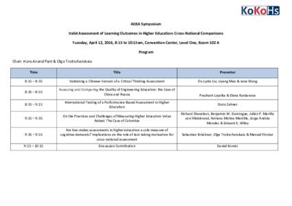 AERA Symposium Valid Assessment of Learning Outcomes in Higher Education: Cross-National Comparisons Tuesday, April 12, 2016, 8:15 to 10:15am, Convention Center, Level One, Room 102 A Program Chair: Hans Anand Pant & Olg