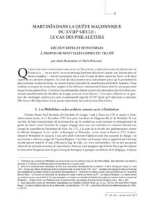 Martinès dans la quête maçonnique du XVIIIe siècle, le cas des Philalèthes   Martinès dans la quête maçonnique du XVIIIe siècle :