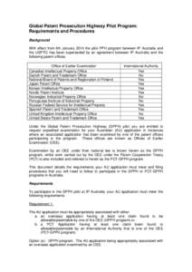 Global Patent Prosecution Highway Pilot Program: Requirements and Procedures Background With effect from 6th January 2014 the pilot PPH program between IP Australia and the USPTO has been superseded by an agreement betwe