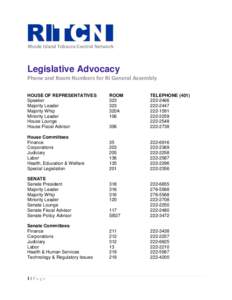 Rhode Island Tobacco Control Network  Legislative Advocacy Phone and Room Numbers for RI General Assembly HOUSE OF REPRESENTATIVES Speaker