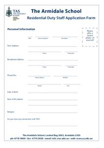 The Armidale School Residential Duty Staff Application Form Personal Information