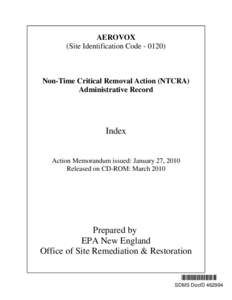 AEROVOX, AEROVOX NON-TIME CRITICAL REMOVAL ACTION (NTCRA) ADMINISTRATIVE RECORD INDEX, [removed], SDMS# 462994