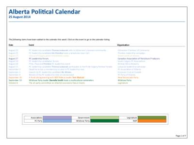 Alberta Political Calendar 25 August 2014 The following items have been added to the calendar this week. Click on the event to go to the calendar listing. Date