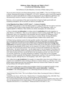 Oklahoma, Maine, Migration and “Right to Work”: A Confused and Misleading Analysis By the Bureau of Labor Education, University of Maine (Spring[removed]The recent article released by the Maine Heritage Policy Center (