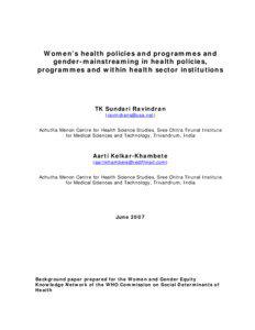 Women’s health policies and programmes and gender-mainstreaming in health policies, programmes and within the health sector