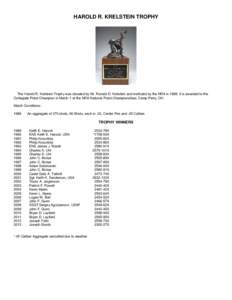 HAROLD R. KRELSTEIN TROPHY  The Harold R. Krelstein Trophy was donated by Mr. Ronald D. Krelstein and instituted by the NRA in[removed]It is awarded to the Collegiate Pistol Champion in Match 1 at the NRA National Pistol C