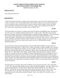 SAFETY DEFECT/NONCOMPLIANCE NOTICES RECEIVED DURING NOVEMBER 2014 Published December 18, 2014 CHILD SEATS: None during November 2014.