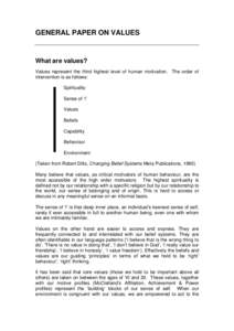 GENERAL PAPER ON VALUES  What are values? Values represent the third highest level of human motivation. The order of intervention is as follows: Spirituality