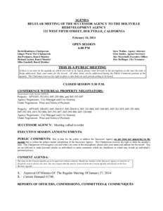 AGENDA REGULAR M EETING OF THE SUCCESSOR AGENCY TO THE HOLTVILLE REDEVELOPM ENT AGENCY 121 W EST FIFTH STREET,HOLTVILLE,CALIFORNIA February10,2014