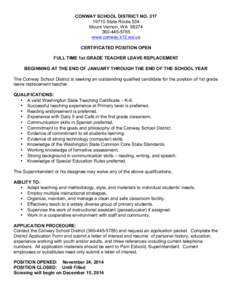 CONWAY SCHOOL DISTRICT NO[removed]State Route 534 Mount Vernon, WA[removed]5785 www.conway.k12.wa.us CERTIFICATED POSITION OPEN