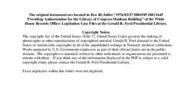 [removed]HR6949 HR11645 Providing Authorization for the Library of Congress Madison Building