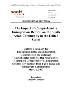 SAALT Testimony for Hearing on Comprehensive Immigration Reform (May 22nd, [removed]Carroll Avenue Suite 400L Takoma Park, MD[removed]Phone: [removed]