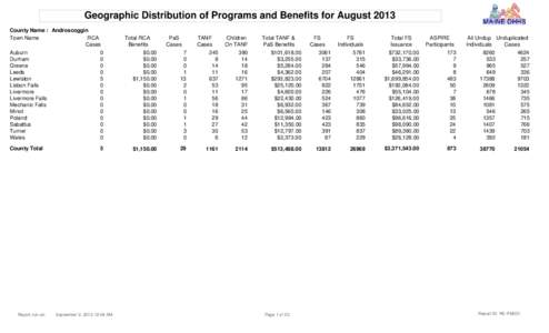 Geographic Distribution of Programs and Benefits for August 2013 County Name : Androscoggin RCA Town Name Cases