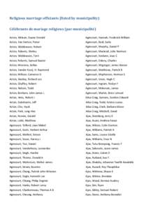 Religious marriage officiants (listed by municipality) / Célébrants de mariage religieux (par municipalité)