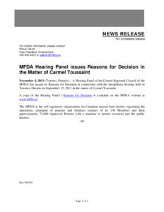 News Release - MFDA Hearing Panel issues Reasons for Decision in the Matter of Carmel Toussaint