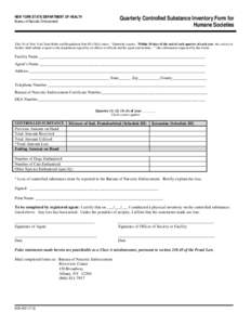 Quarterly Controlled Substance Inventory Form for Humane Societies - DOH-4331