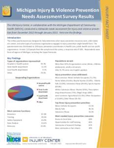 The UM Injury Center, in collaboration with the Michigan Department of Community Health (MDCH), conducted a statewide needs assessment for injury and violence prevention from December 2012 through January[removed]Here are 