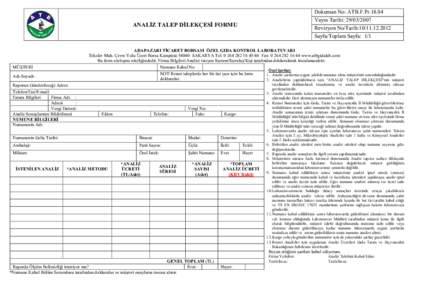 Dokuman No: ATB.F.PrYayın Tarihi: Revizyon No/Tarih:Sayfa/Toplam Sayfa: 1/1  ANALİZ TALEP DİLEKÇESİ FORMU