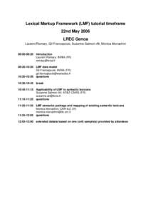 Lexical Markup Framework (LMF) tutorial timeframe 22nd May 2006 LREC Genoa Laurent Romary, Gil Francopoulo, Susanne Salmon-Alt, Monica Monachini  09:00-09:20 Introduction
