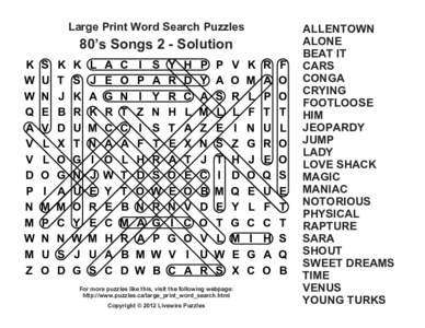 Large Print Word Search Puzzles  80’s Songs 2 - Solution K W W