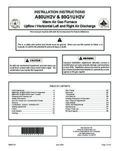 INSTALLATION INSTRUCTIONS  A80UH2V & 80G1UH2V Warm Air Gas Furnace Upflow / Horizontal Left and Right Air Discharge This manual must be left with the homeowner for future reference.