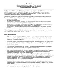 Fact Sheet Coyote Island Terminal Project (Port of Morrow) Removal-Fill Permit Application No. APP0049123 Oregon Department of State Lands The Department of State Lands (DSL) is responsible for regulating removal and fil