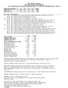 Box Score (Final) The Automated ScoreBook #13 Oklahoma vs West Virginia (Nov 17, 2012 at Morgantown, W.Va.) Score by Quarters Oklahoma West Virginia