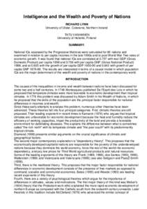 Intelligence and the Wealth and Poverty of Nations RICHARD LYNN University of Ulster, Coleraine, Northern Ireland TATU VANHANEN University of Helsinki, Finland SUMMARY.