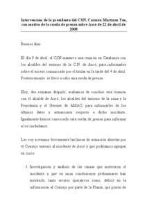 Intervención de la presidenta del CSN, Carmen Martínez Ten, con motivo de la rueda de prensa sobre Ascó de 22 de abril de 2008