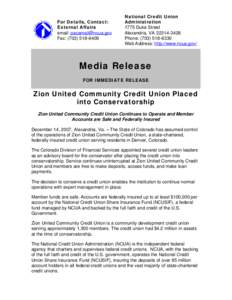 Media Release - Zion United Community Credit Union Placed into Conservatorship