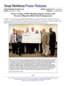 Owens Corning, ASMO Manufacturing Inc. Partner with Navarro College for $283,273 Job-Training Grant