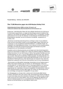 Pressemitteilung – Schönau, den  ÜberMenschen gegen den AKW-Neubau Hinkley Point Elektrizitätswerke Schönau (EWS) und über 30 Umwelt- und Verbraucherverbände lösen Beschwerdewelle bei EU-Kommi