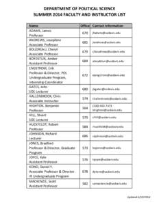 DEPARTMENT OF POLITICAL SCIENCE SUMMER 2014 FACULTY AND INSTRUCTOR LIST Name ADAMS, James Professor ANDREWS, Josephine