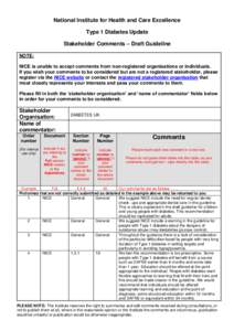 National Institute for Health and Care Excellence Type 1 Diabetes Update Stakeholder Comments – Draft Guideline NOTE: NICE is unable to accept comments from non-registered organisations or individuals. If you wish your