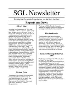 SGL Newsletter Society for Germanic Linguistics Vol. 16, No. 2, FallReports and News