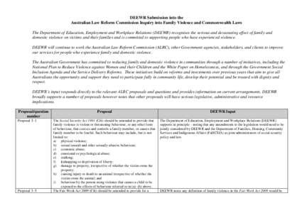 DEEWR Submission into the Australian Law Reform Commission Inquiry into Family Violence and Commonwealth Laws The Department of Education, Employment and Workplace Relations (DEEWR) recognises the serious and devastating