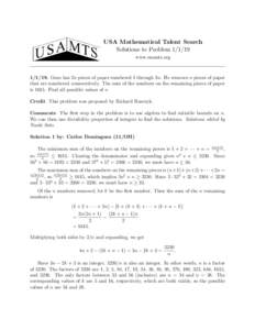 USA Mathematical Talent Search Solutions to Problem[removed]www.usamts.org[removed]Gene has 2n pieces of paper numbered 1 through 2n. He removes n pieces of paper that are numbered consecutively. The sum of the numbers on