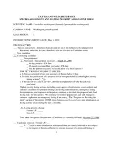U.S. FISH AND WILDLIFE SERVICE SPECIES ASSESSMENT AND LISTING PRIORITY ASSIGNMENT FORM SCIENTIFIC NAME: Urocitellus washingtoni (formerly Spermophilus washingtoni) COMMON NAME: Washington ground squirrel LEAD REGION: