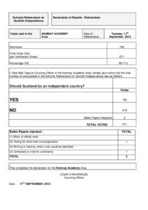 Schools Referendum on Scottish Independence Votes cast in the  Declaration of Results - Referendum